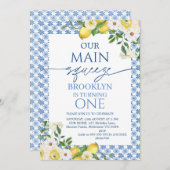 フレームイエローフローラレモンメインスクイーズ誕生日 招待状 (正面/裏面)