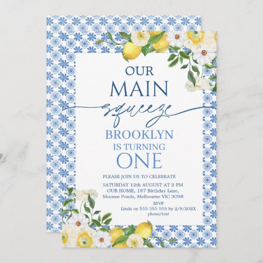 フレームイエローフローラレモンメインスクイーズ誕生日 招待状 (正面/裏面)