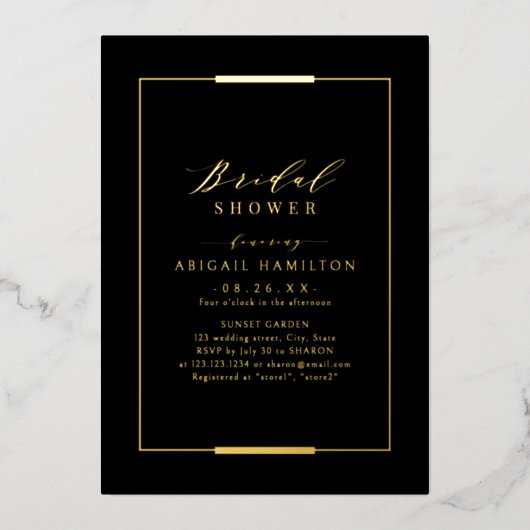 フレームエレガンスブラック金ゴールドシンプルブライダルシャワー 箔招待状 (正面)