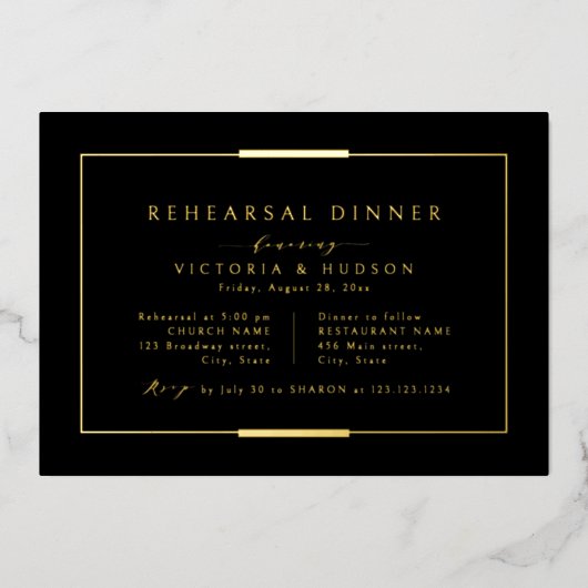 フレームエレガンスブラック金ゴールドシンプルリハーサルディナー 箔招待状 (正面)