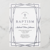 フレームエレガントほこりっぽいブルーボーイバプティスシルバー 箔招待状 (正面)