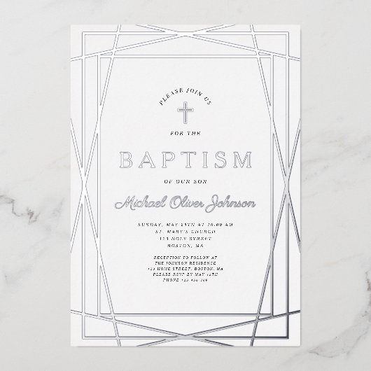 フレームエレガントほこりっぽいブルーボーイバプティスシルバー 箔招待状 (正面)