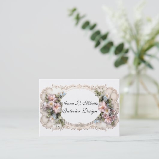 フレームエレガントビクトリアンピンクと青の花 名刺 (スタンド正面)