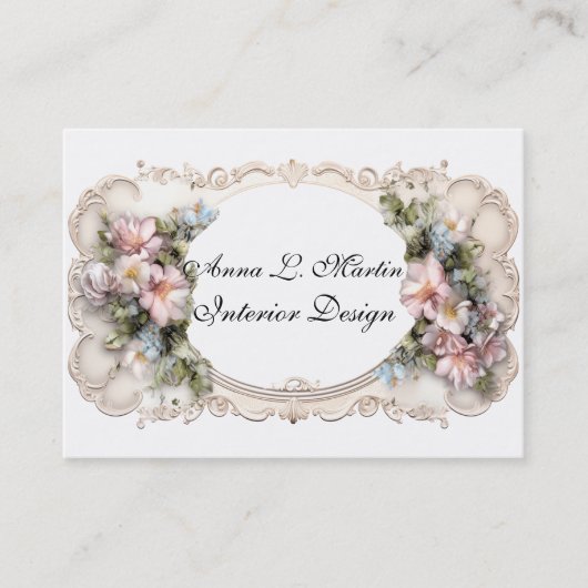 フレームエレガントビクトリアンピンクと青の花 名刺 (正面)