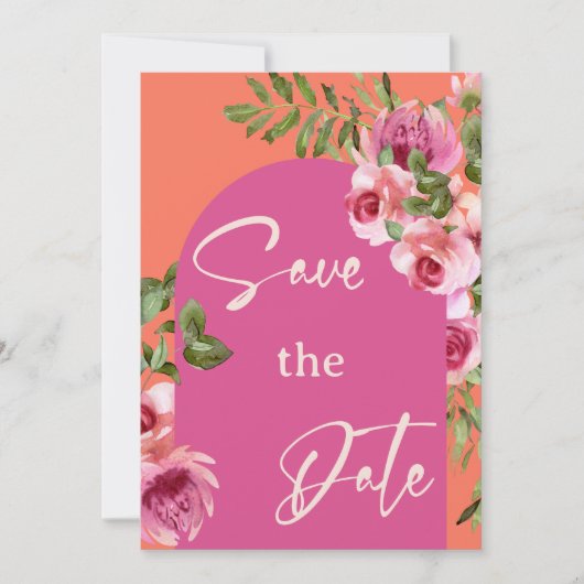 フレームエレガントピンクとオレンジのフローラ日付を保存 招待状 (正面)
