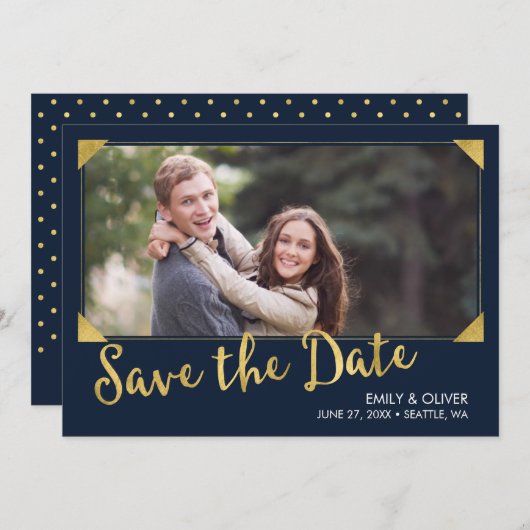 フレームエレガントフェイク金ゴールド青い写真日付を保存 セーブザデート (正面/裏面)