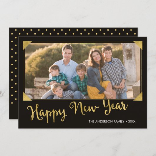 フレームエレガントフェイク金ゴールドHappy New Year写真 シーズンカード (正面/裏面)