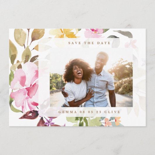 フレームエレガントフローラ水彩写真結婚の セーブザデート (正面)