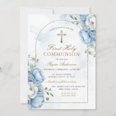 フレームエレガントブルーフローラ最初の聖餐式 招待状 (正面)