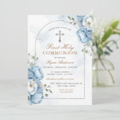 フレームエレガントブルーフローラ最初の聖餐式 招待状 (スタンド正面)