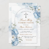 フレームエレガントブルーフローラ最初の聖餐式 招待状 (正面/裏面)