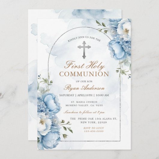 フレームエレガントブルーフローラ最初の聖餐式 招待状 (正面/裏面)