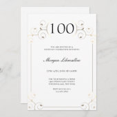 フレームエレガントホワイト金ゴールド100誕生日 招待状 (正面/裏面)