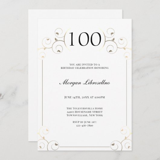 フレームエレガントホワイト金ゴールド100誕生日 招待状 (正面/裏面)