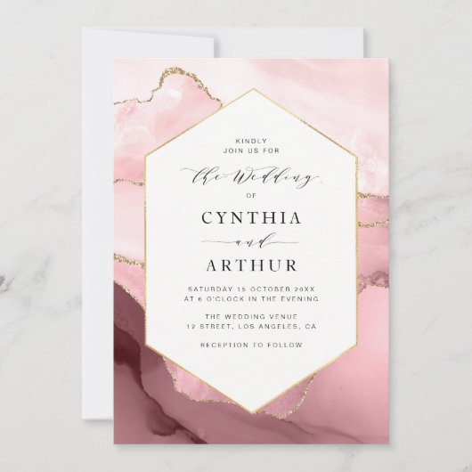 フレームエレガント赤面ピンクと金ゴールドアガ結婚ート 招待状 (正面)