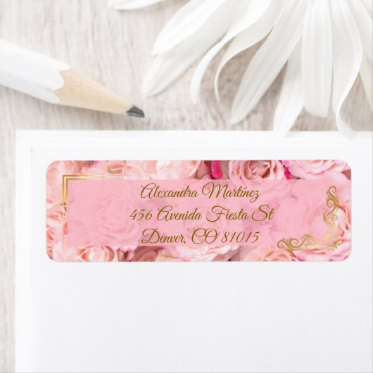 フレームエレガント金ゴールドピンクローズフローラキンセアニラ ラベル (インサイチュ)