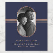 フレームエレガント |ネイビーバラ金ゴールド写真Save the Date ワインラベル (シングルラベル)