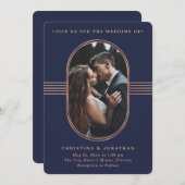 フレームエレガント |海軍とバラの金ゴールド写真結婚の写真 招待状 (正面/裏面)