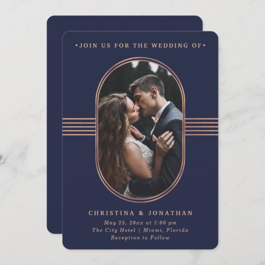 フレームエレガント |海軍とバラの金ゴールド写真結婚の写真 招待状 (正面/裏面)
