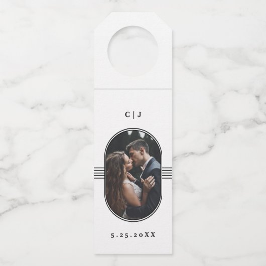 フレームエレガント |白黒の写真結婚の ボトルネックタグ (正面)