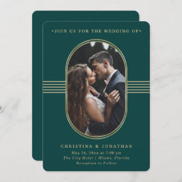 フレームエレガント |緑と金ゴールドの写真結婚の 招待状