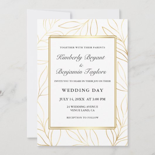 フレームエレガント。金ゴールドの葉。シック結婚ズ 招待状 (正面)