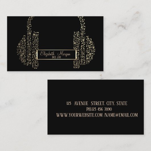 フレームエレガント、金ゴールドミュージックノートHeadphone DJ 名刺 (正面/裏面)