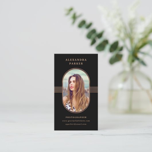 フレームエレガント|黒とバラの金ゴールド写真 名刺 (スタンド正面)
