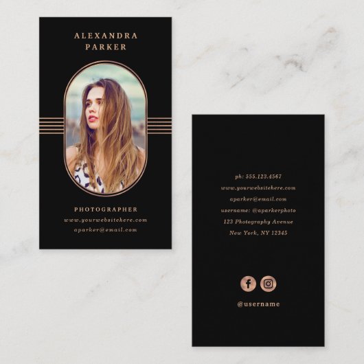 フレームエレガント|黒とバラの金ゴールド写真 名刺 (正面/裏面)