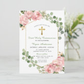 フレームグリーンリーピンクのバラ最初の聖餐式 招待状 (スタンド正面)