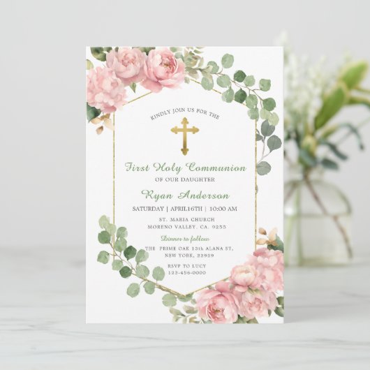 フレームグリーンリーピンクのバラ最初の聖餐式 招待状 (スタンド正面)