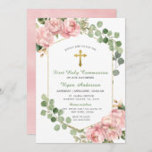 フレームグリーンリーピンクのバラ最初の聖餐式 招待状 (正面/裏面)