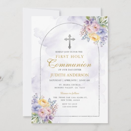 フレームパープルバラファースト聖餐式 招待状 (正面)