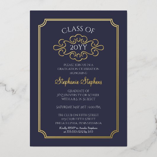 フレームブルーエレガントカレッジ卒業パーティーフォイル 箔招待状 (正面)