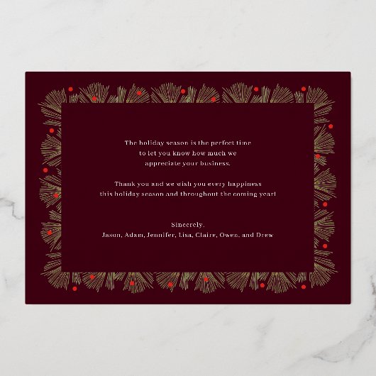 フレームメリーフォイルのビジネスホリデーフォトカード 箔シーズンカード (裏面)