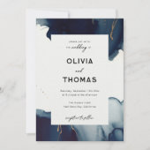 フレームモダンネイビーブルー金ゴールドエレガントビーチ結婚式 招待状 (正面)