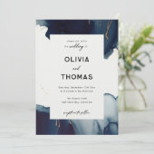 フレームモダンネイビーブルー金ゴールドエレガントビーチ結婚式 招待状 (スタンド正面)