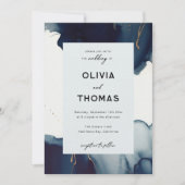 フレームモダンネイビーブルー金ゴールドボヘミアンビーチ結婚式 招待状 (正面)