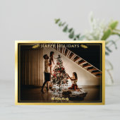フレームモダンハッピーホリデーズフォトダークブルー金ゴールド 箔シーズンカード (立ち正面)