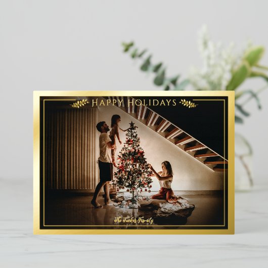 フレームモダンハッピーホリデーズフォトダークブルー金ゴールド 箔シーズンカード (立ち正面)