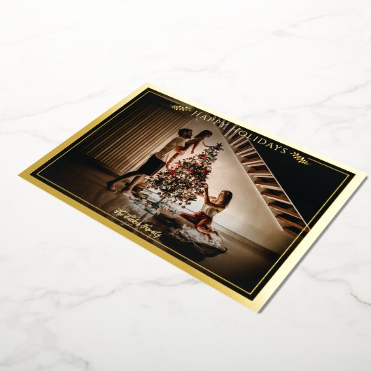 フレームモダンハッピーホリデーズフォトダークブルー金ゴールド 箔シーズンカード (回転した状態)