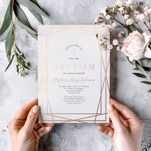フレームモダンピンクガールバプテスマバラ金ゴールド 箔招待状