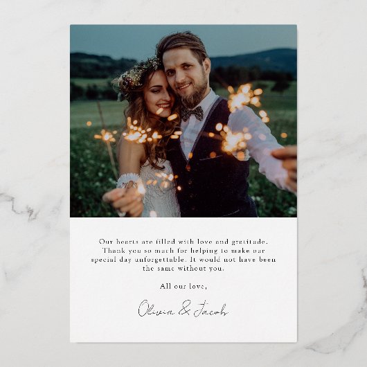 フレームモダンフォト結婚のサンキューカード 箔招待状 (裏面)