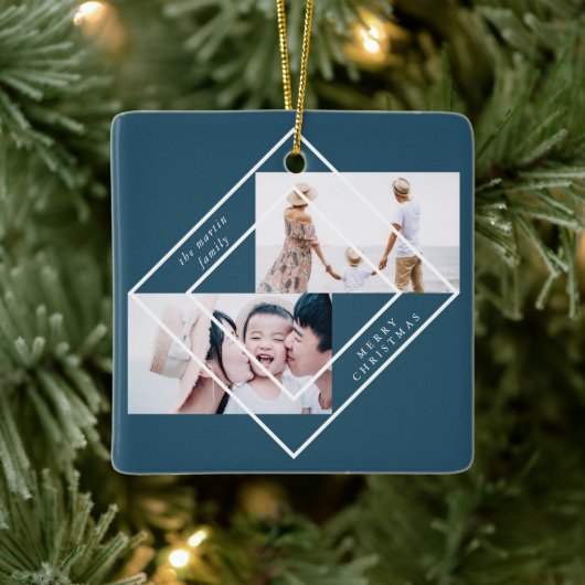 フレームモダンブルー2枚フォトメリークリスマス セラミックオーナメント (ツリー)