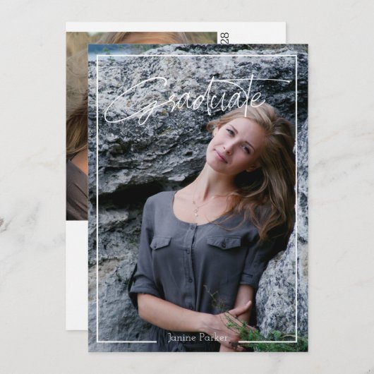フレームモダン写真の卒業発表を追加 案内状 (正面/裏面)
