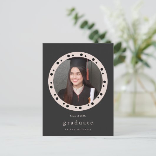 フレームモダン点々のあるフォト卒業パーティー招待状 案内ポストカード (スタンド正面)