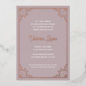 フレームモダン赤面華美ピンクキンセニェラ写真 箔招待状 (正面)