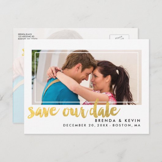 フレームモダン金ゴールド写真ポストカードの保存 案内ポストカード (正面/裏面)