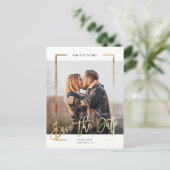 フレームモダン |シンプル金ゴールドスクエア写真救日付 案内ポストカード (スタンド正面)