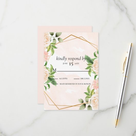 フレーム上のピンクのバラ 出欠カード (正面/裏面インサイチュ)